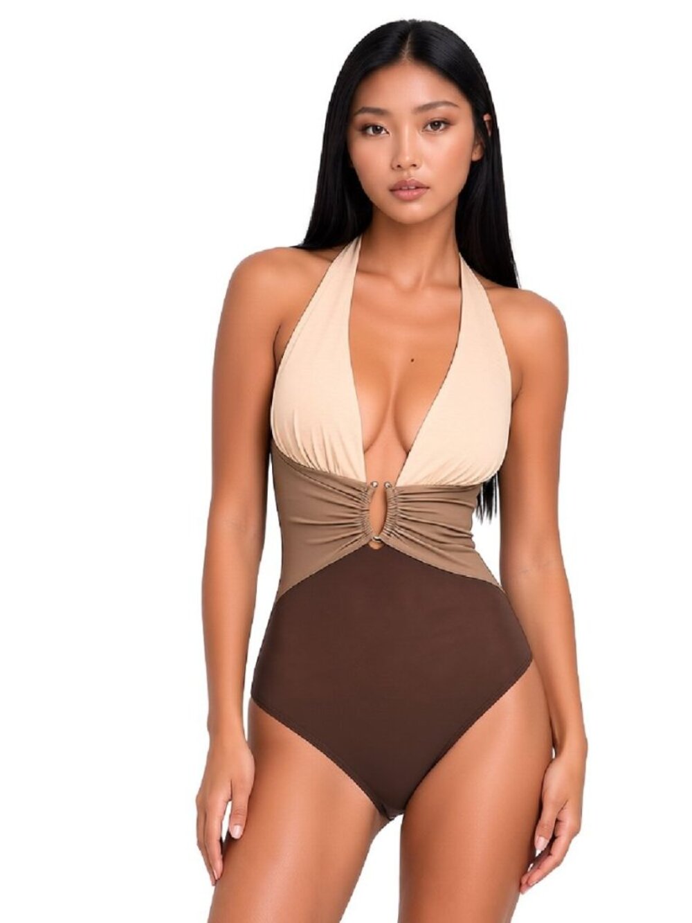 CUPSHE Medium Beige Tan Brown Colorblock Deep V Halter One Piece Swimsuit NWT